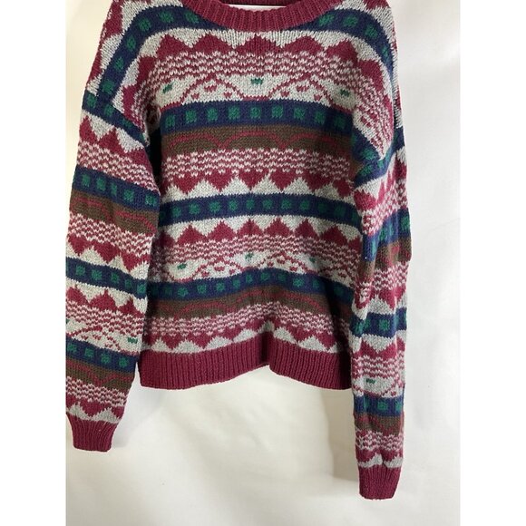 Vintage 90s Hand Knit Cowichan Wool Rainbow Fair Isle Sweater Mens Medium - Picture 2 of 7